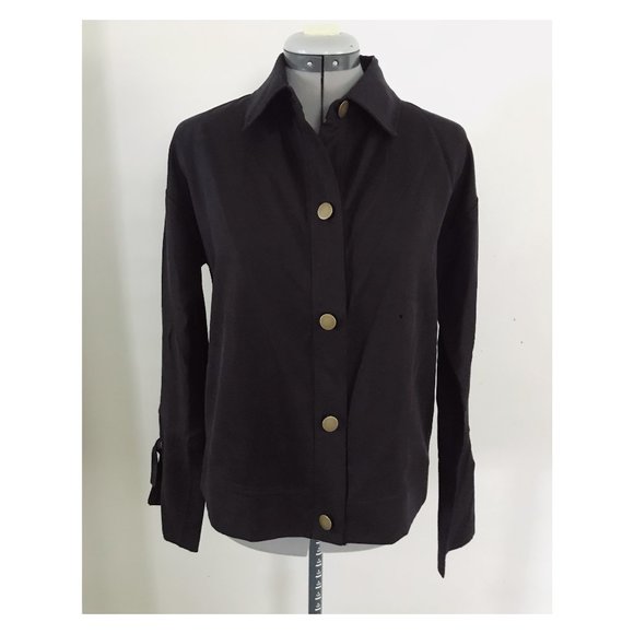 Three Dots Black Tencel Button Down Grommet Tie Wrist Blouse Sz S - Picture 1 of 9